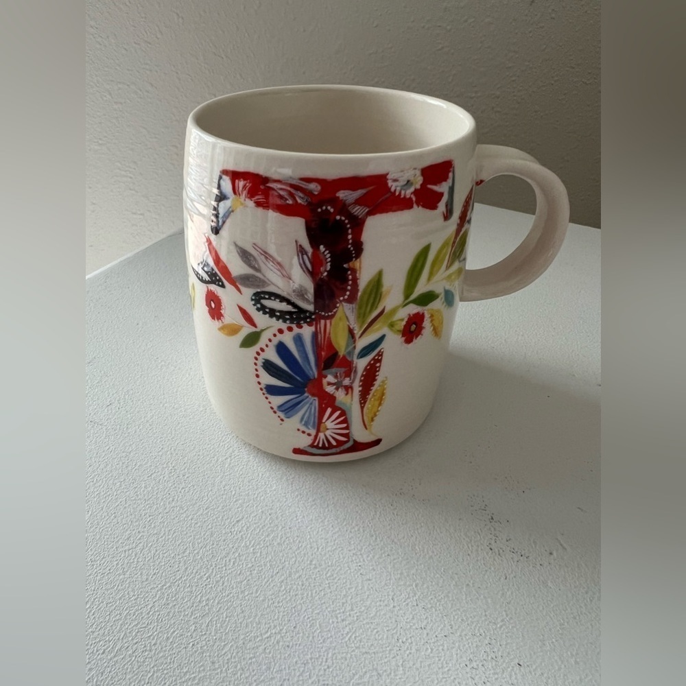 Anthropologie Mug Starla M Halfmann Monogram Letter T Petal Palette Coffee Cup.